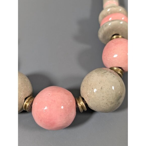 Pink Gray Ceramic Bead Statement Necklace Chunky Tribal Boho 17" - Picture 4 of 10